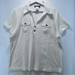 Karen Scott Top Women’s‎ 1X Collared Short Sleeve White Cotton Chest Pockets